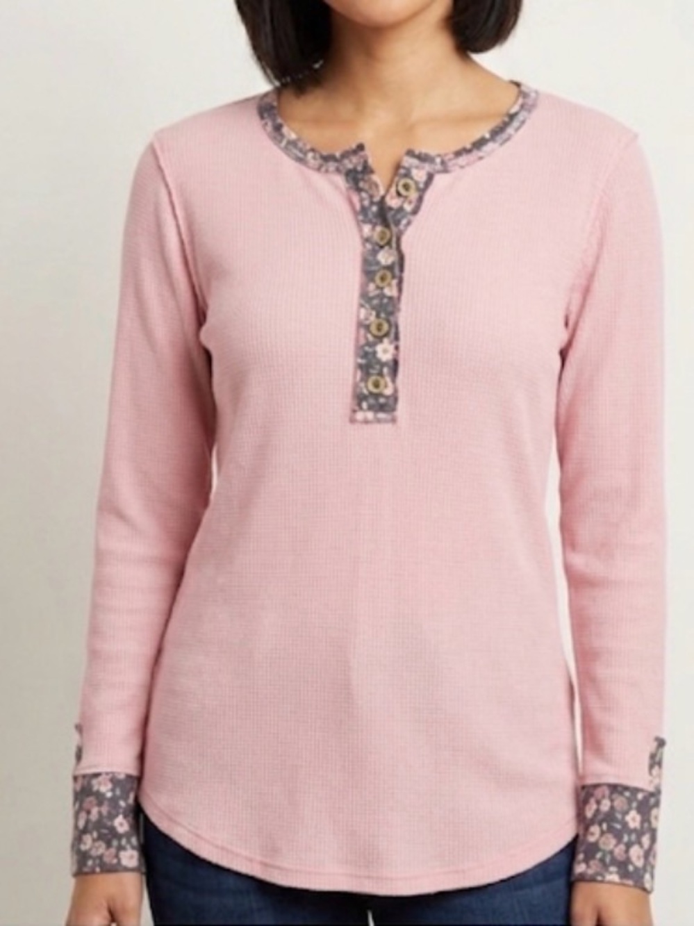 7th Ray Floral Trim Pink Thermal Henley Top - Size S New Will Fit a Medium